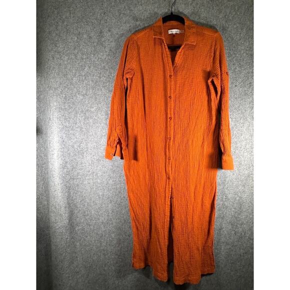 Calvin Klein Dress Women Small‎ Orange Midi Gauze Button Front REsort Vacation - Picture 1 of 7